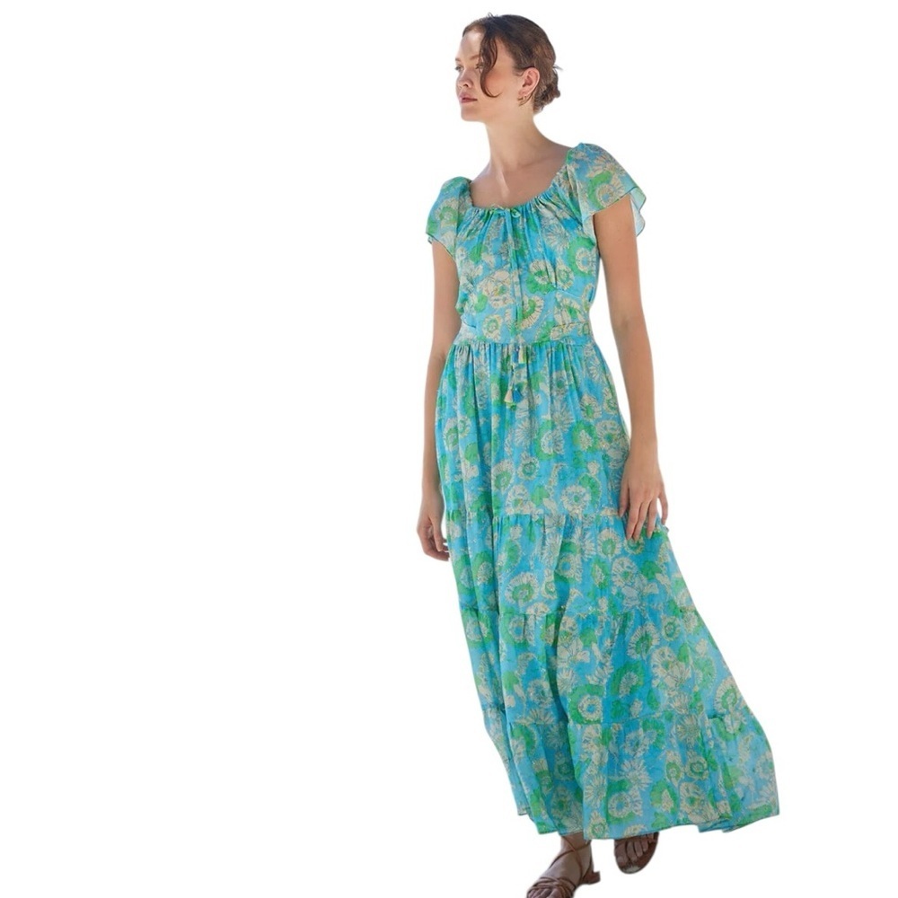 NWT Bella tu Nina Flutter-Sleeve Tie-Waist Maxi Dress Aqua Green Floral medium - Picture 3 of 16
